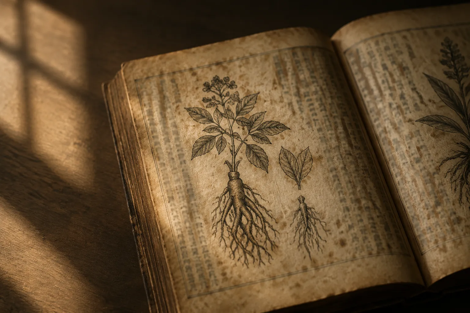 An open woodblock-printed herbal showing botanical line illustrations.