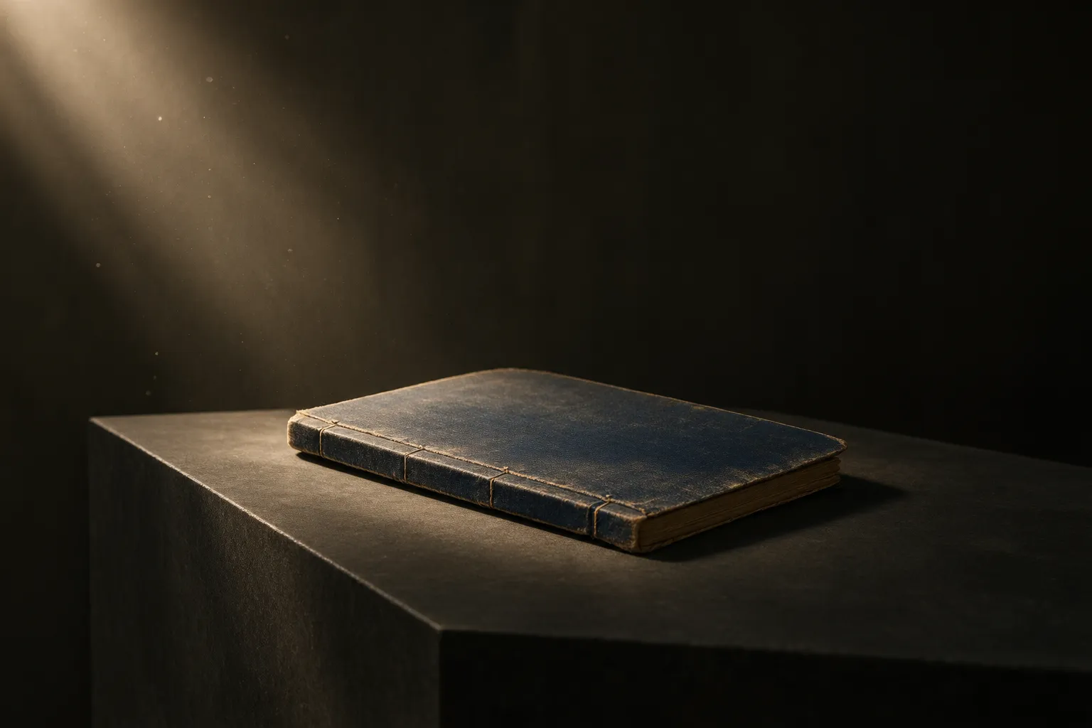 An aged thread-bound volume on dark stone under a single museum light.