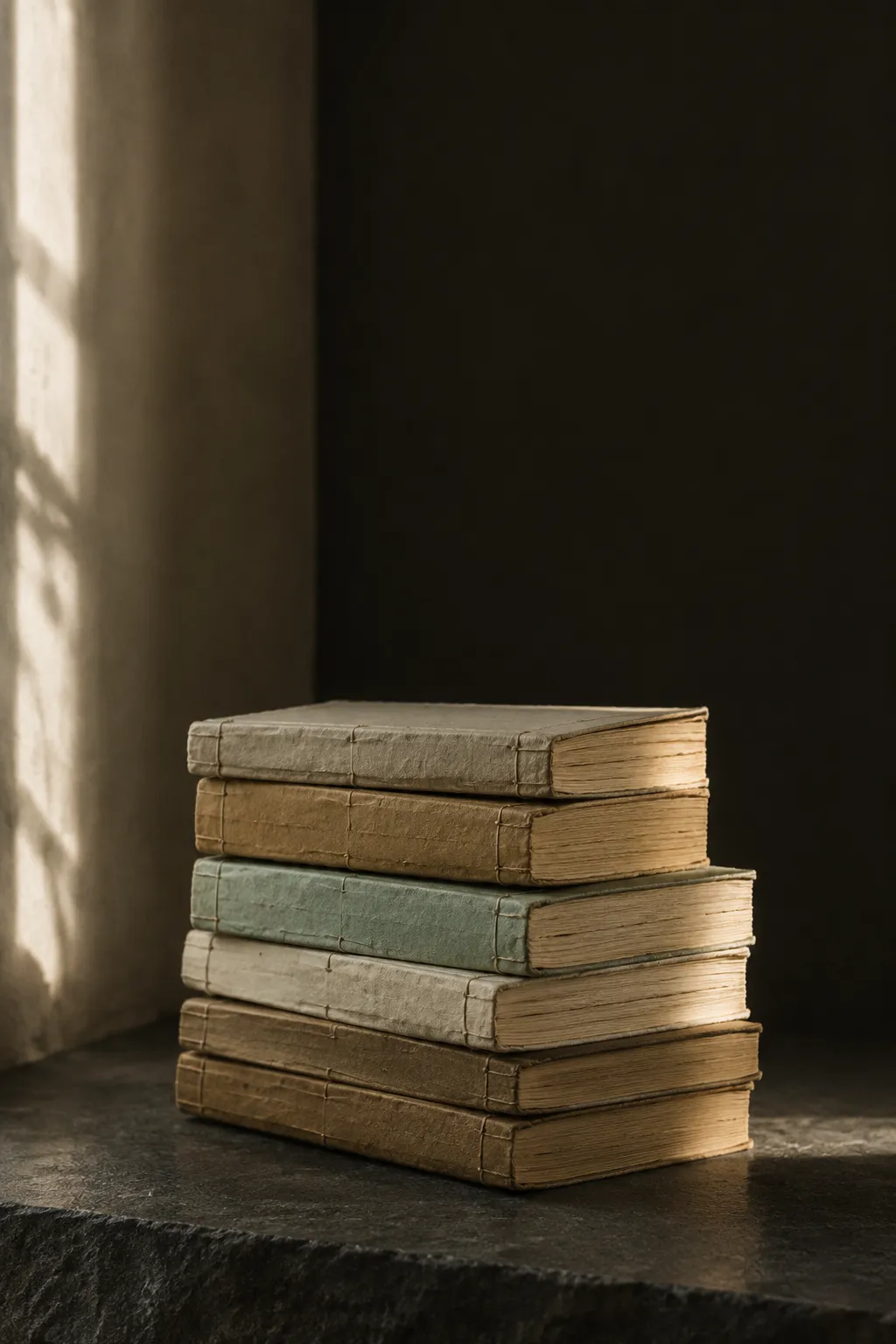 A stack of thread-bound volumes against a deep charcoal ground.