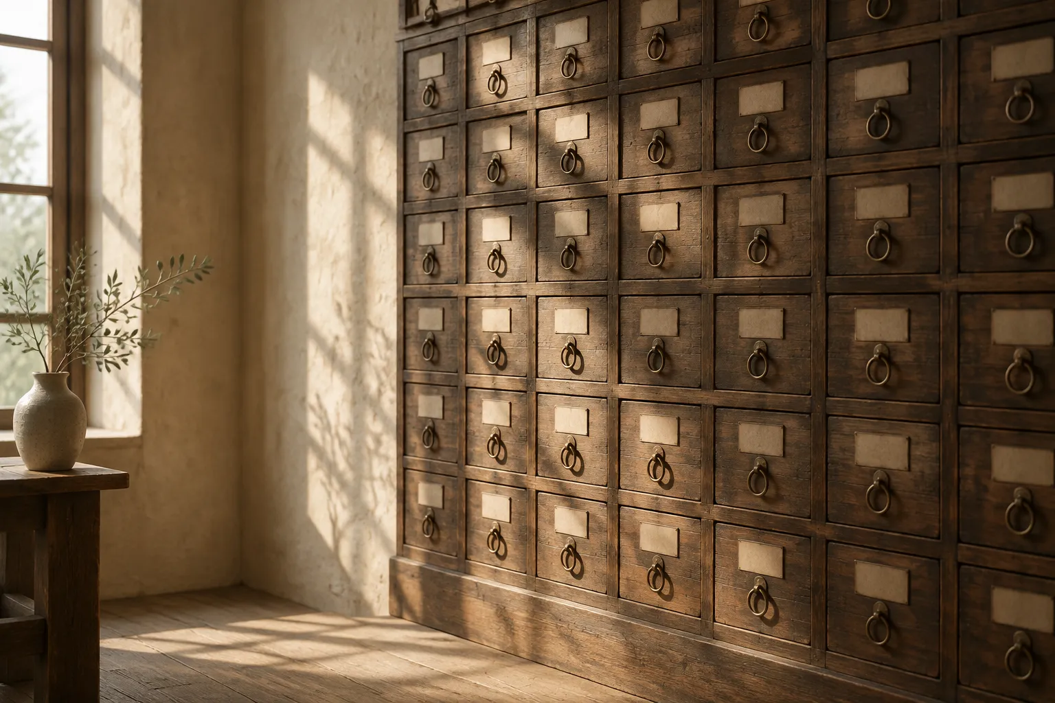 A wall of traditional herb-cabinet drawers in aged elm with small brass pulls.