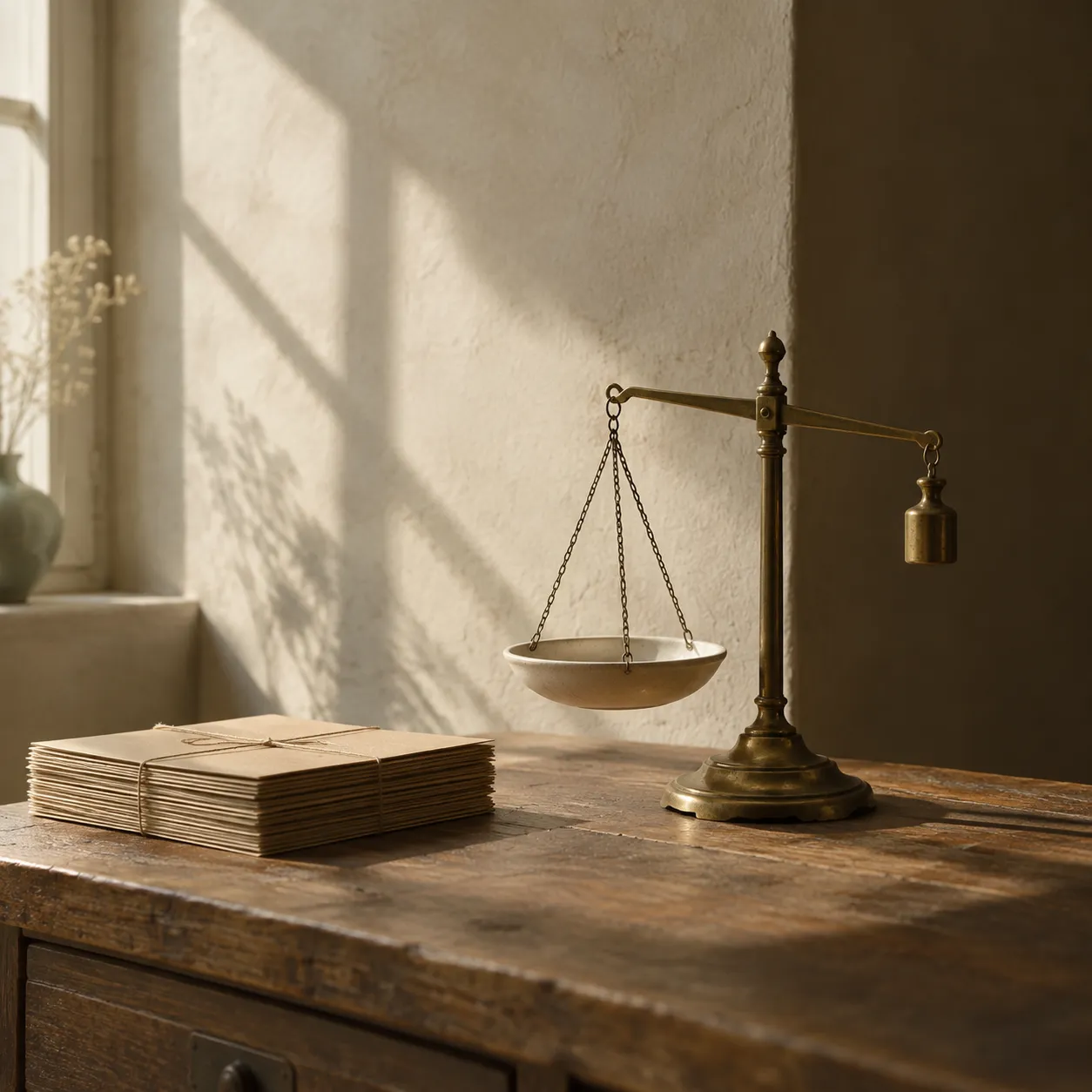 A small brass balance scale and squares of wrapping paper on a wooden counter.
