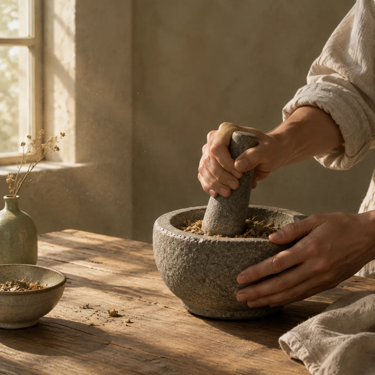 Hands grinding dried herb in a stone mortar.