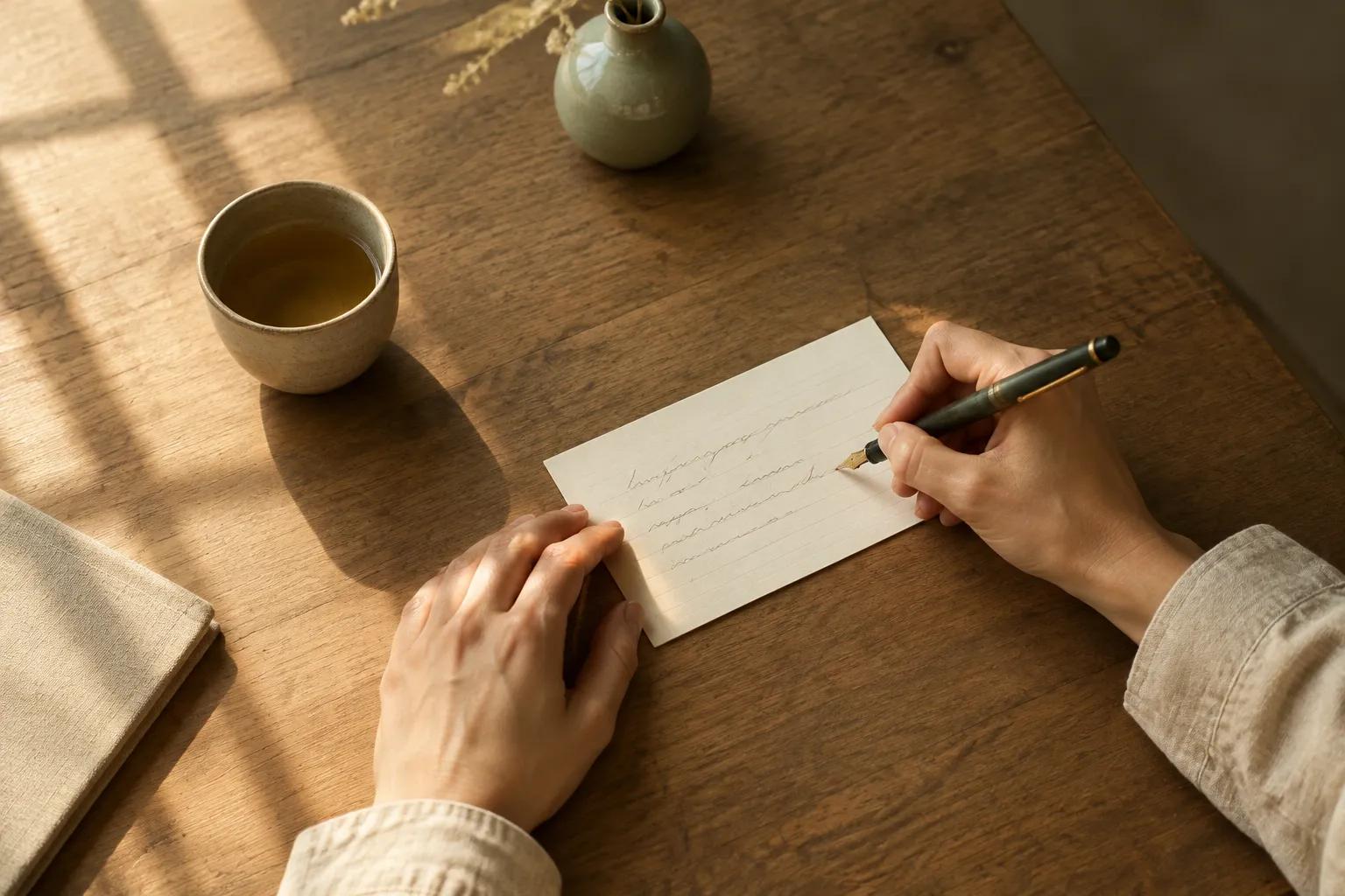 Hands writing case notes with a fountain pen, seen from above.