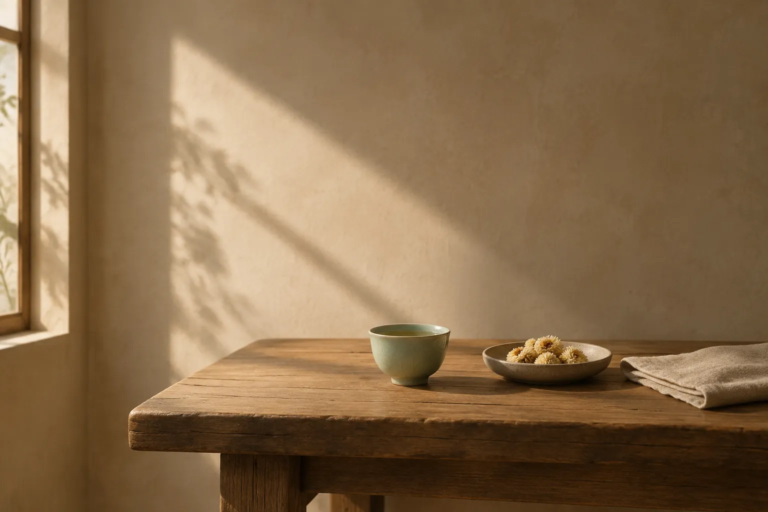 Morning light across a plaster wall, a celadon cup of clear infusion and dried herbs on a low elm table.