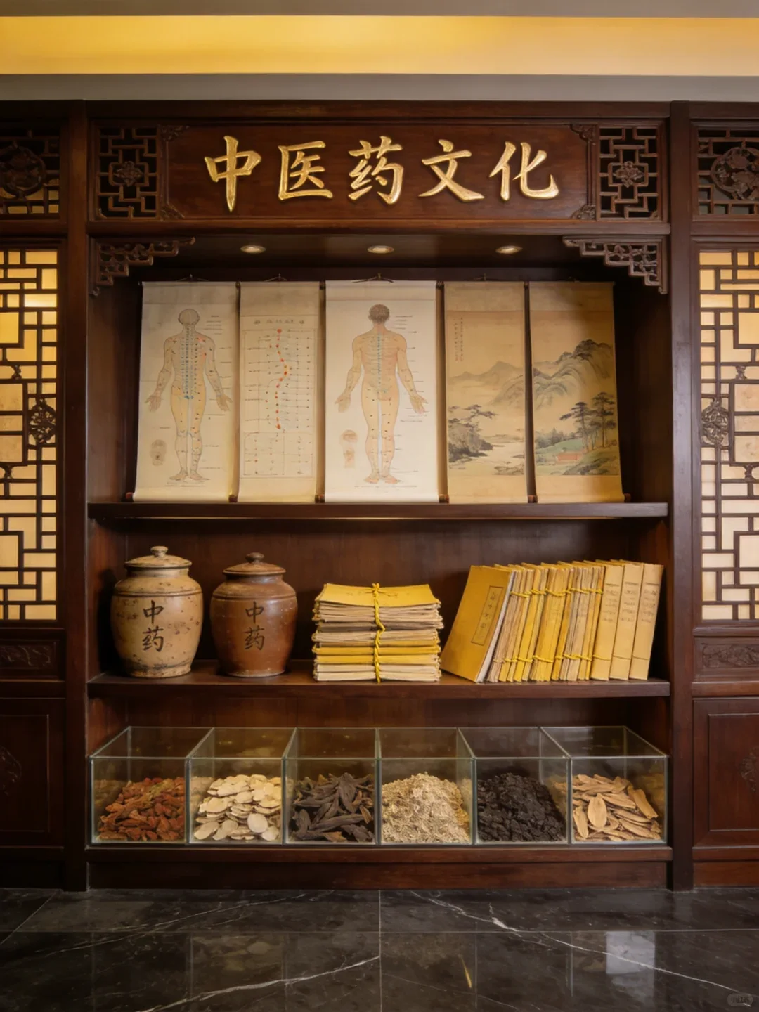 A Chinese medicine cultural display with books, scrolls and herbs