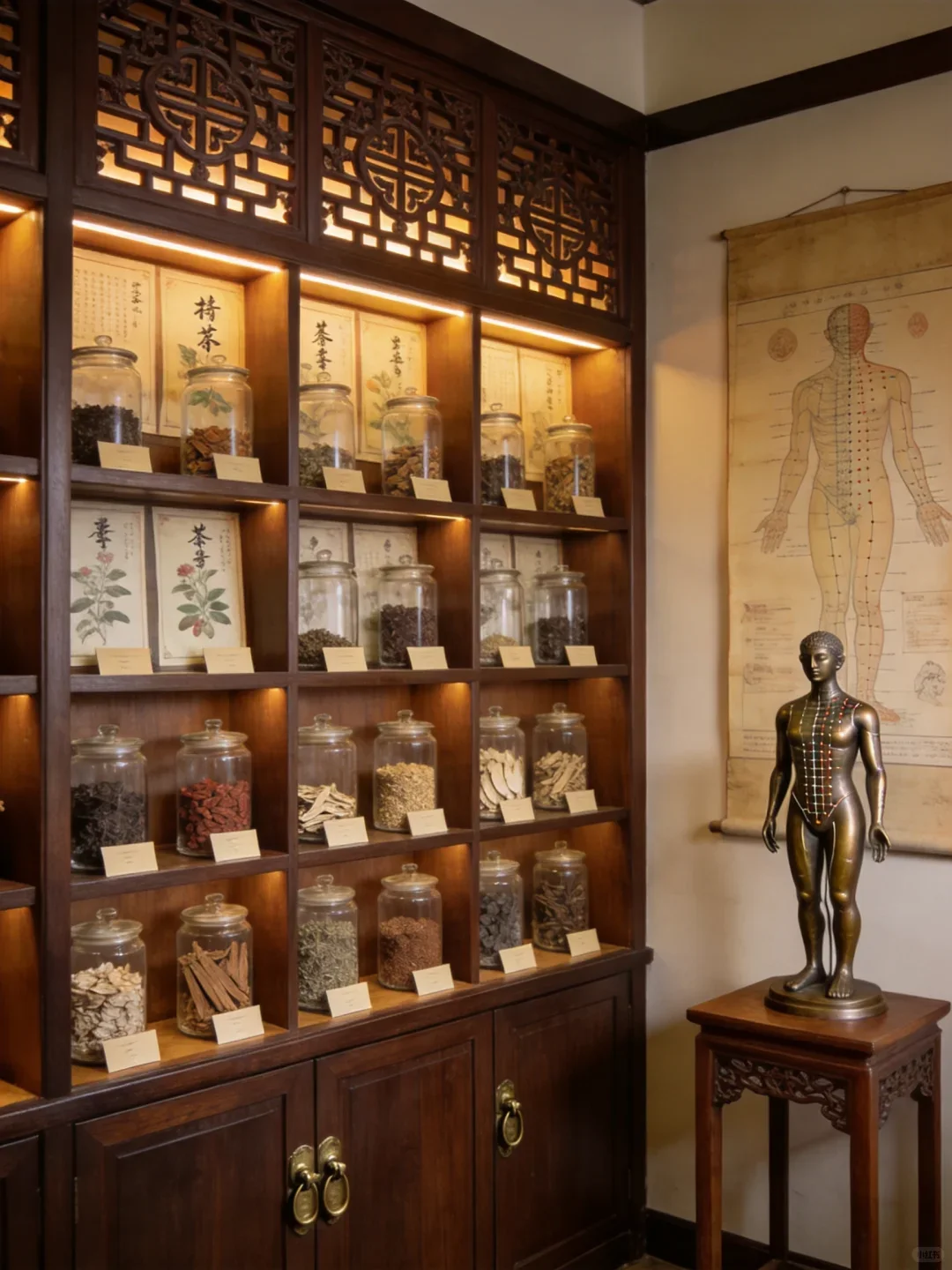 Herbal specimens beside a meridian chart and acupuncture model