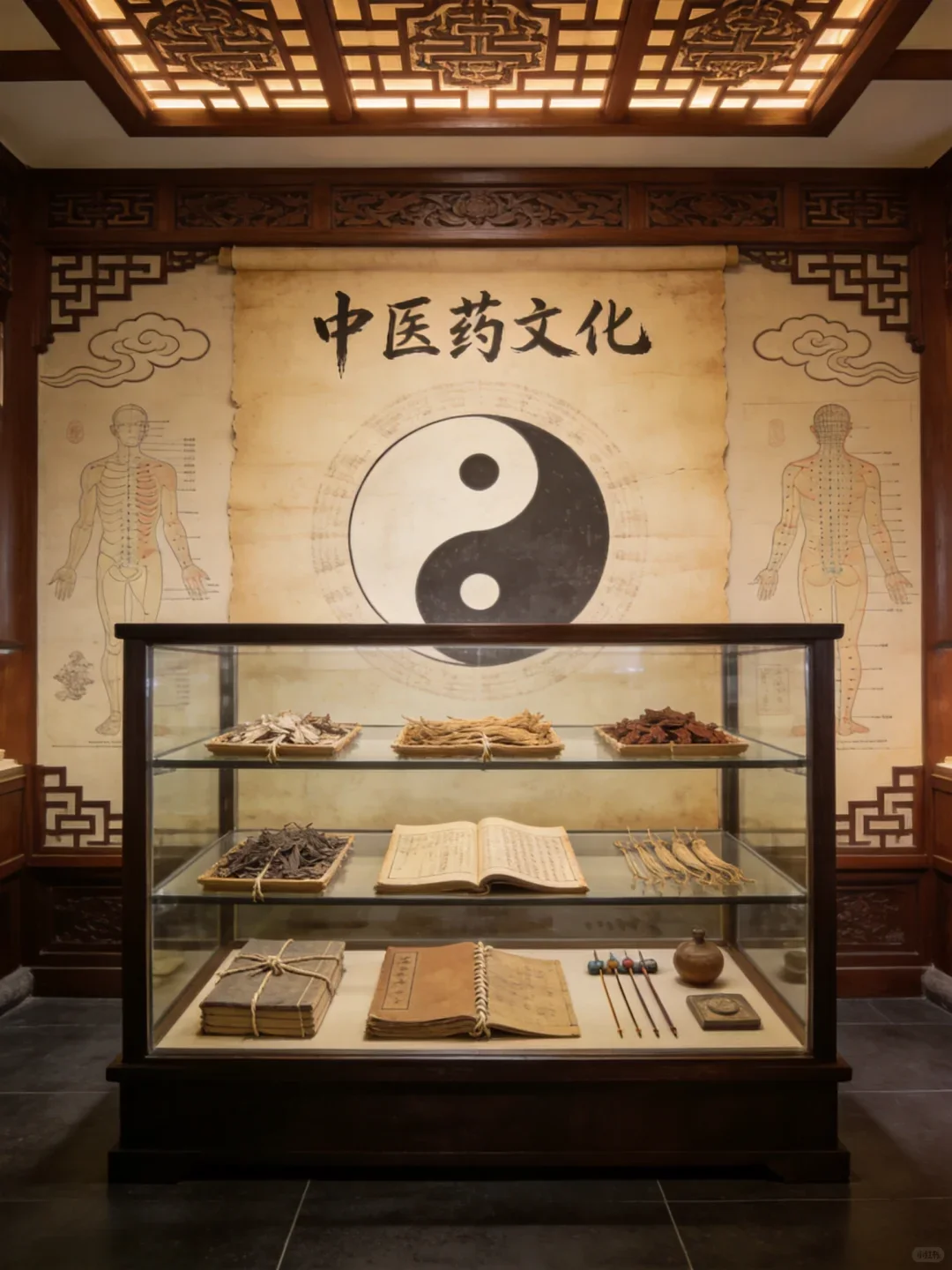 A cultural display of Chinese medicine texts and historical instruments
