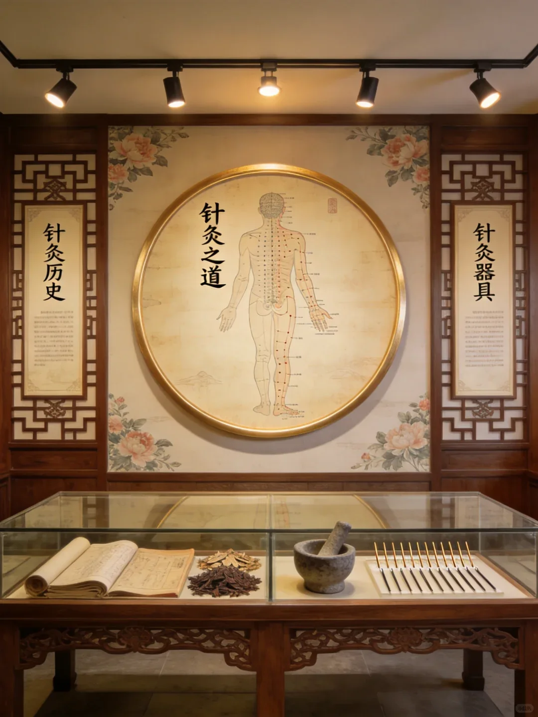 An acupuncture history display with a meridian chart and instruments