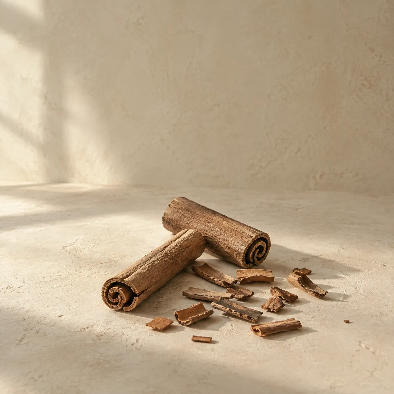 Two rolled quills of cassia bark and a scatter of bark fragments, photographed on warm plaster.