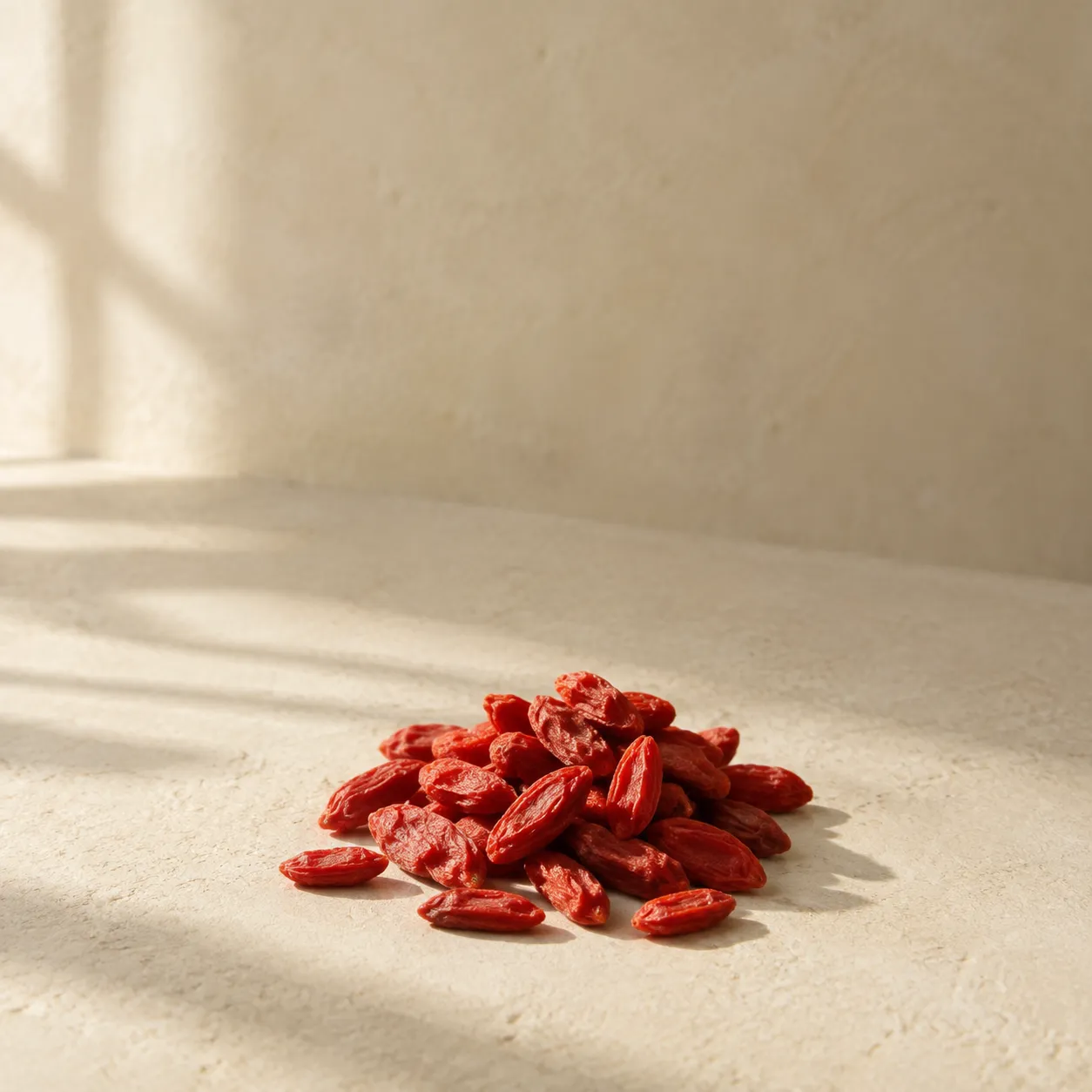 A small heap of dried red goji berries, glossy and translucent, photographed on warm plaster.