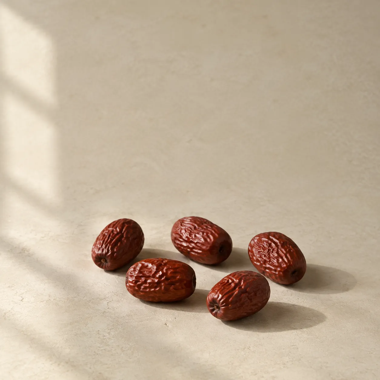 Five dried red jujube dates, wrinkled and deep russet, photographed on warm plaster.