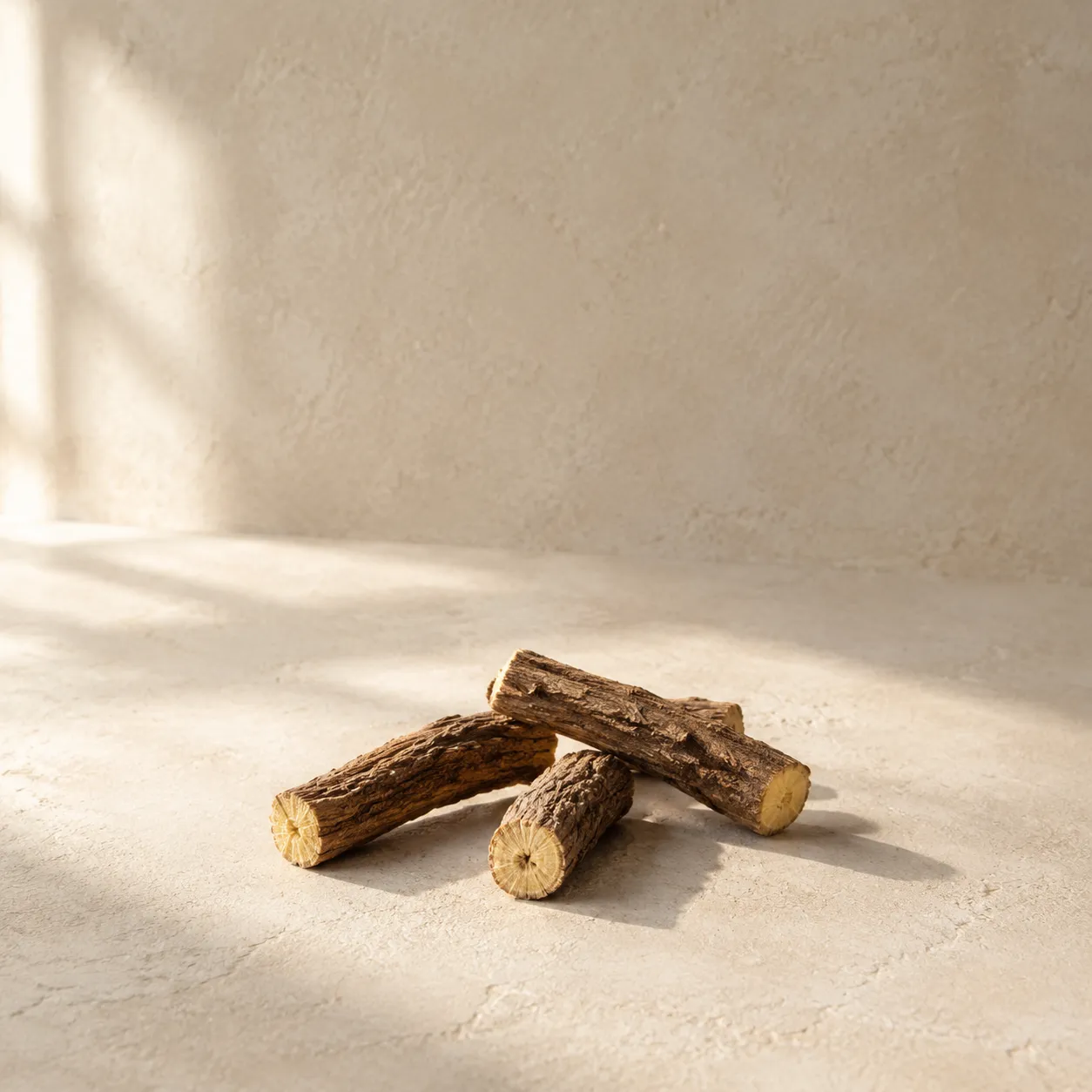 Four short cut lengths of dried liquorice root, showing the yellow cross-section, photographed on warm plaster.