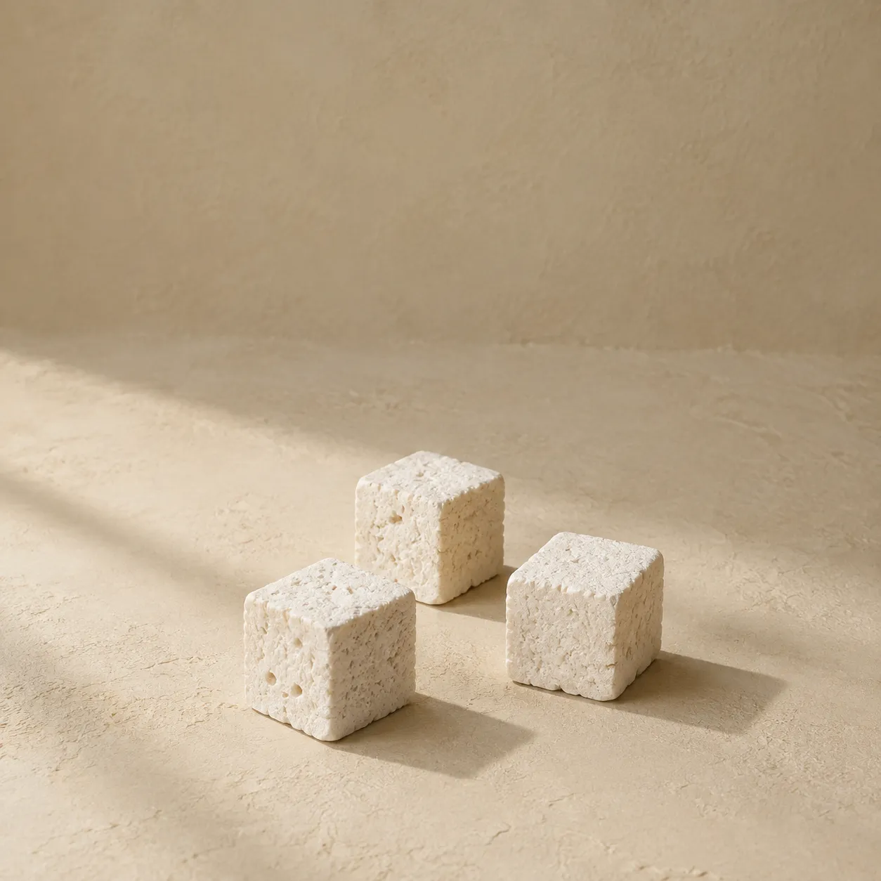Three chalk-white cubes of dried poria, matte and porous, photographed on warm plaster.