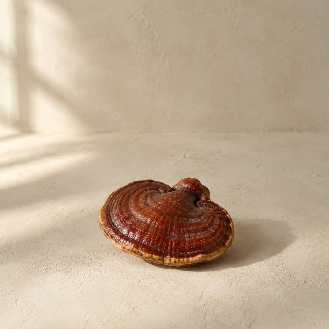A single dried reishi bracket fungus, lacquered mahogany top surface, photographed on warm plaster.