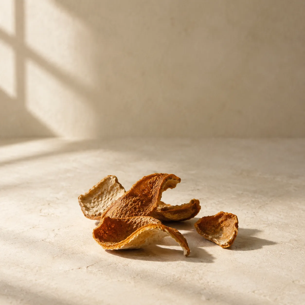 Curled pieces of aged dried tangerine peel, dark amber, showing the pitted rind, photographed on warm plaster.