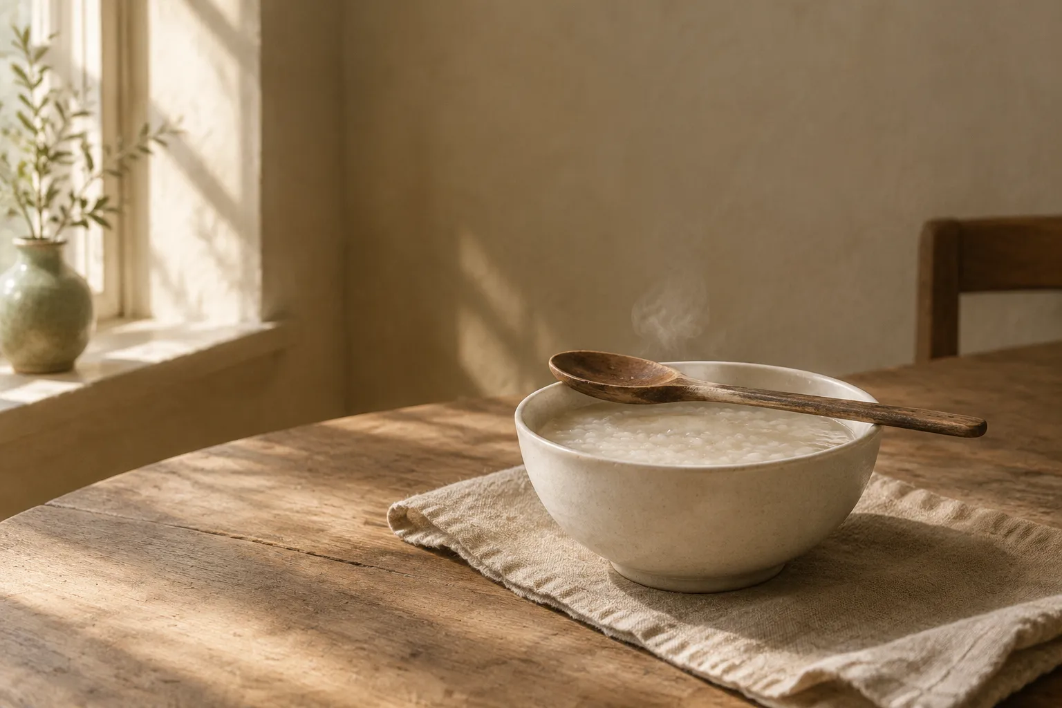 A bowl of plain congee with a wooden spoon on a linen cloth.