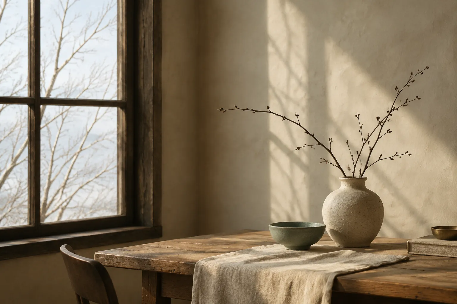 Bare branches against a pale winter sky seen through a window.
