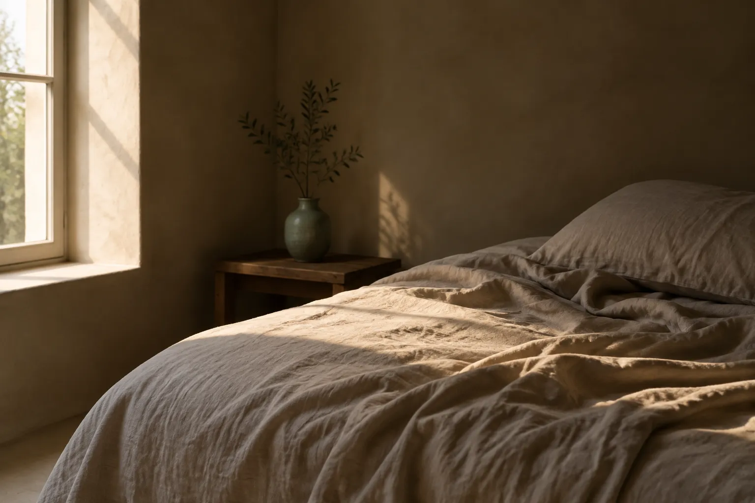 An unmade linen bed at first light.