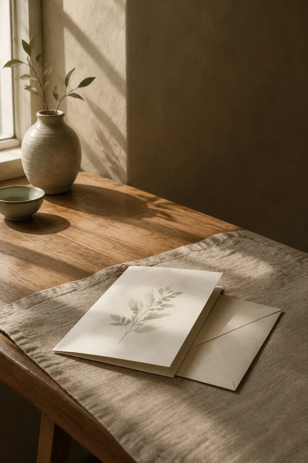 A folded printed document and a sealed envelope on linen, lit from one side.
