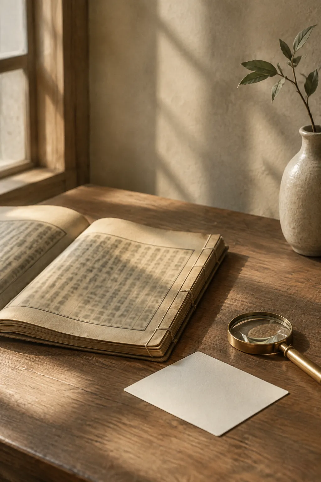 An open thread-bound volume beside a modern index card and a brass magnifier.