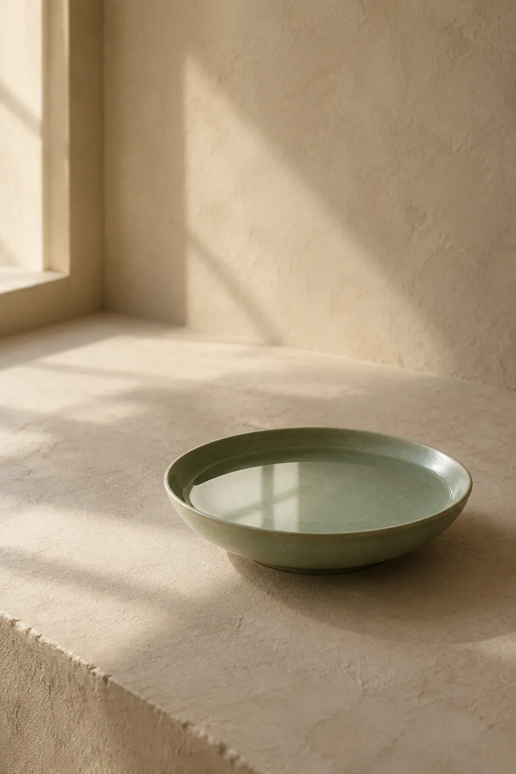 A shallow celadon dish of still water catching window light.