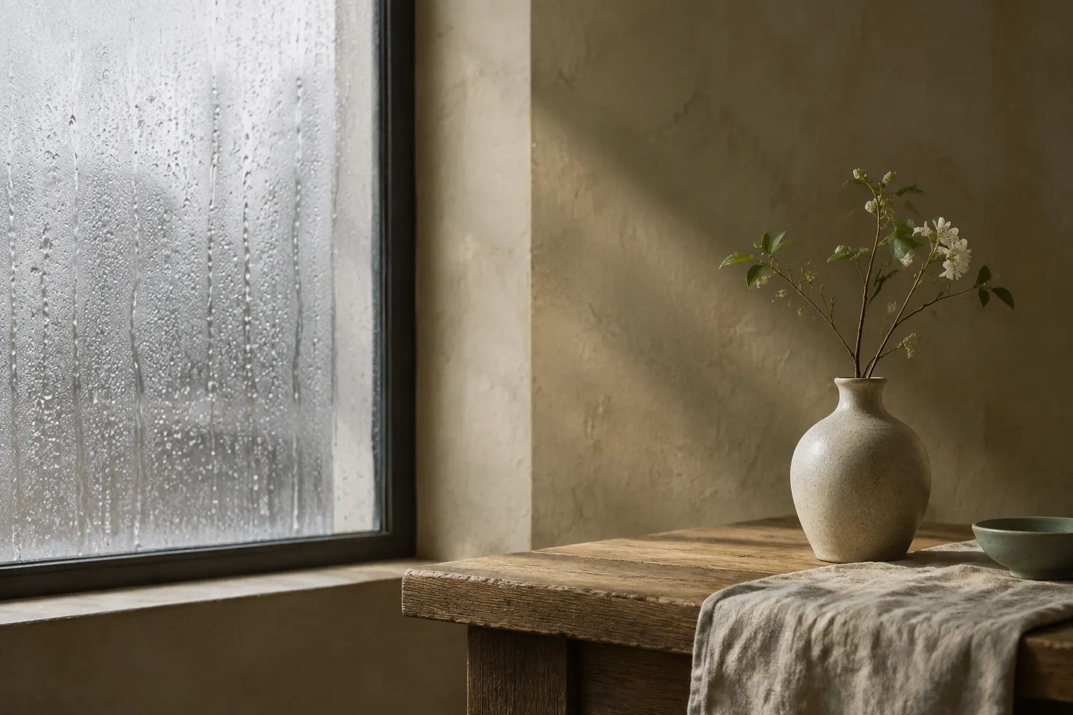 Condensation beading on cold window glass with grey light behind.