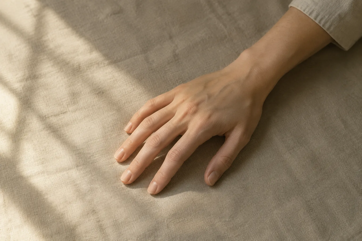 A relaxed open hand resting palm-down on linen.