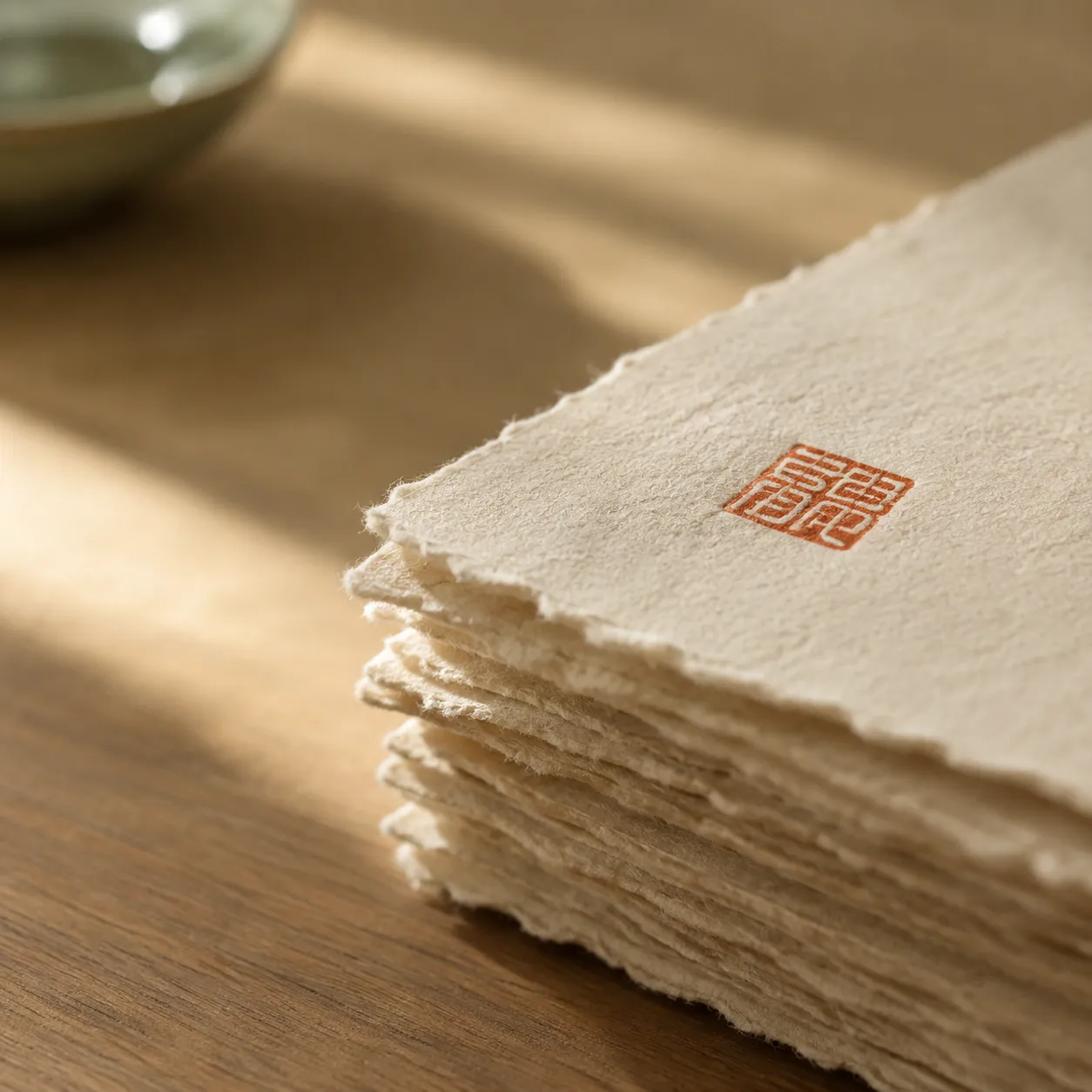 Macro detail of the deckled edge of printed pages with a small red seal impression.