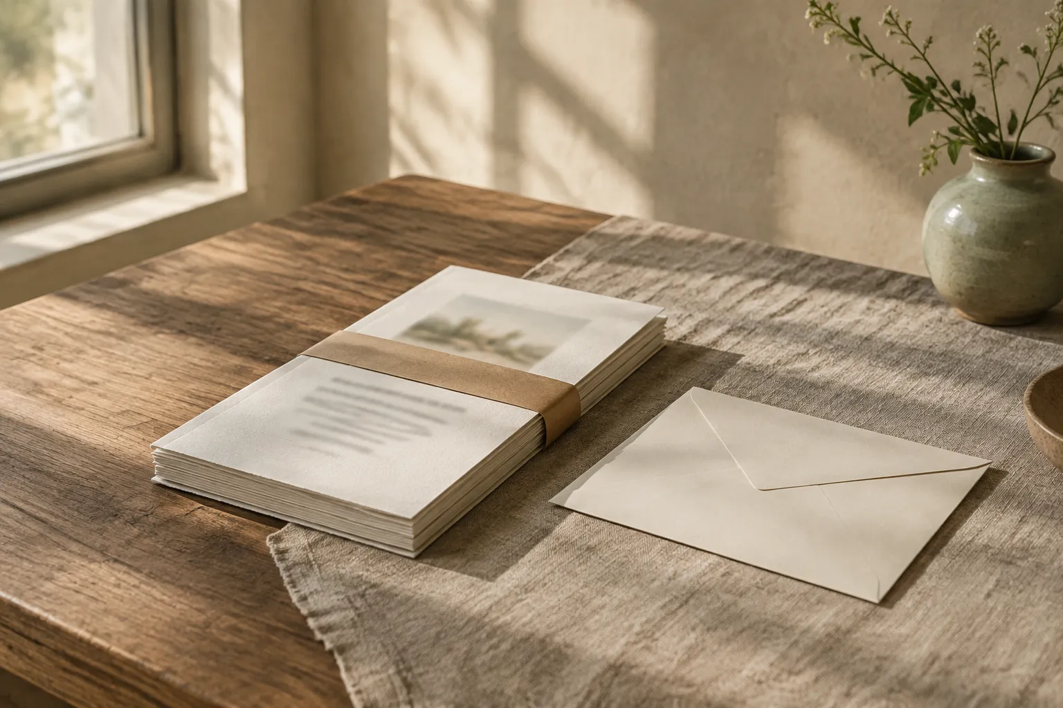 A printed report, folded in a paper band, resting on raw linen beside a plain envelope.